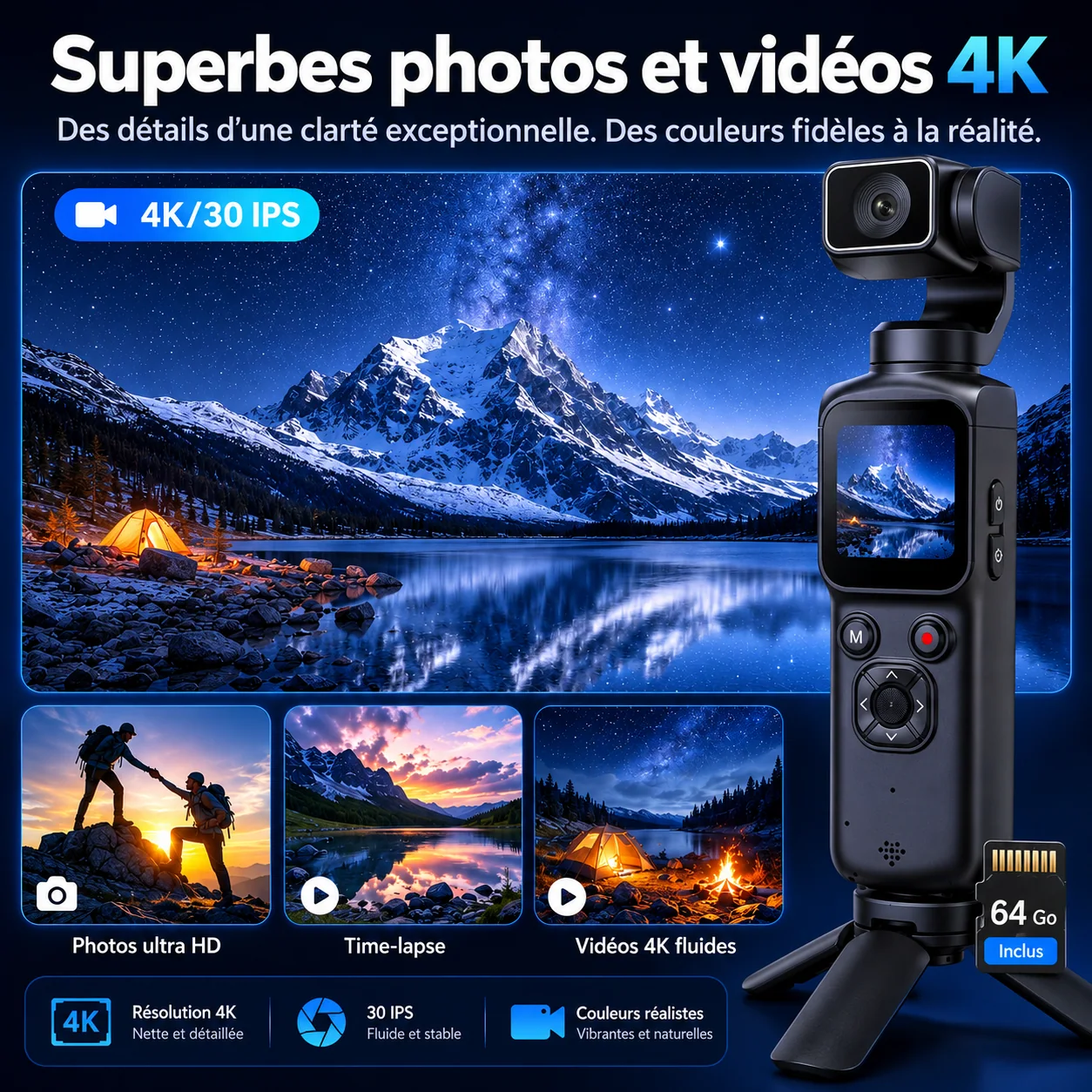 Caméra HJD-05 4K à écran tactile et tête orientable