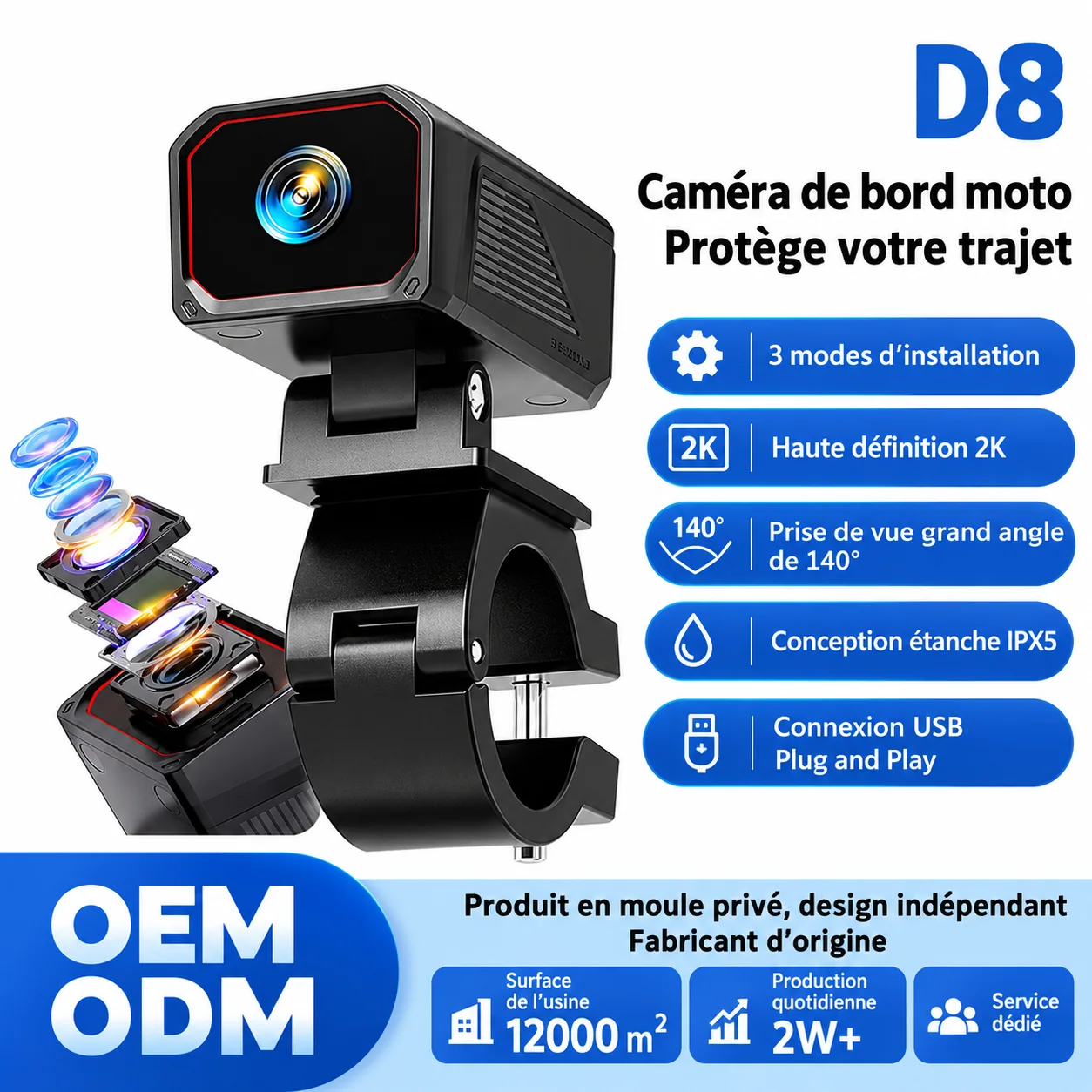Caméra de bord moto D8 2K grand angle