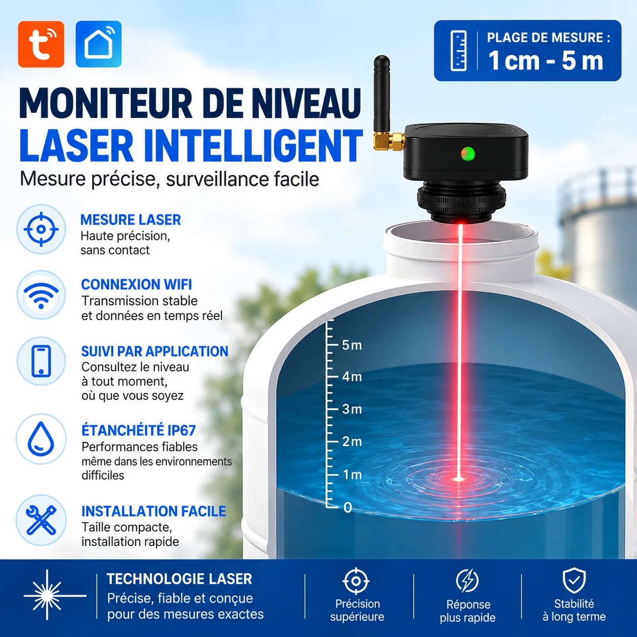 Capteur de niveau laser WiFi — suivi sur application