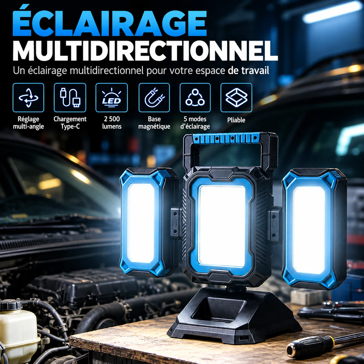 Lampe de travail rechargeable à trois panneaux orientables