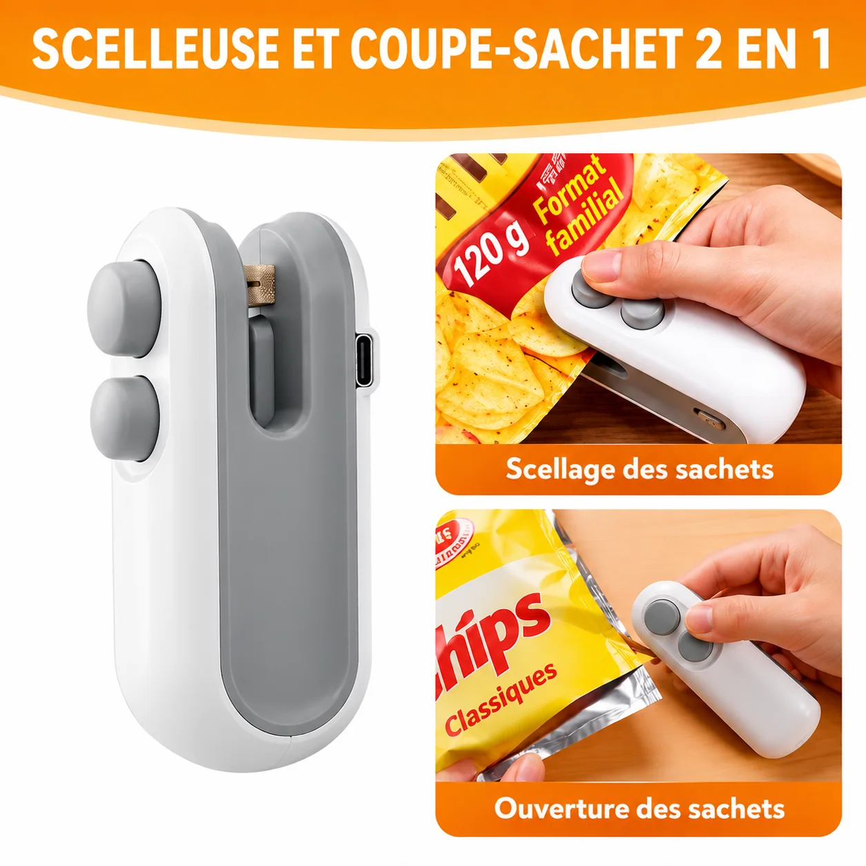 Mini scelleuse et coupe-sachet rechargeable USB-C